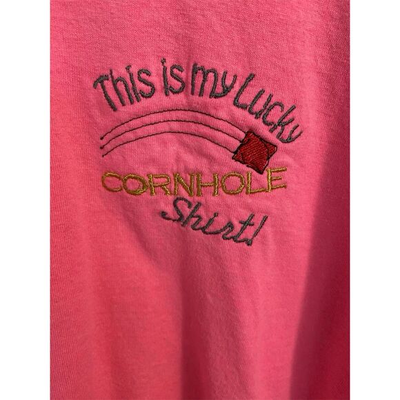 Women's Gildan Embroidery This is my Lucky Corn Hole T-shirt Size XL Pink - Picture 2 of 7